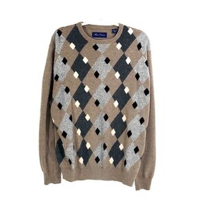 Vintage 100% Cashmere Argyle Crewneck Sweater Grandpa Eclectic Geometric Soft